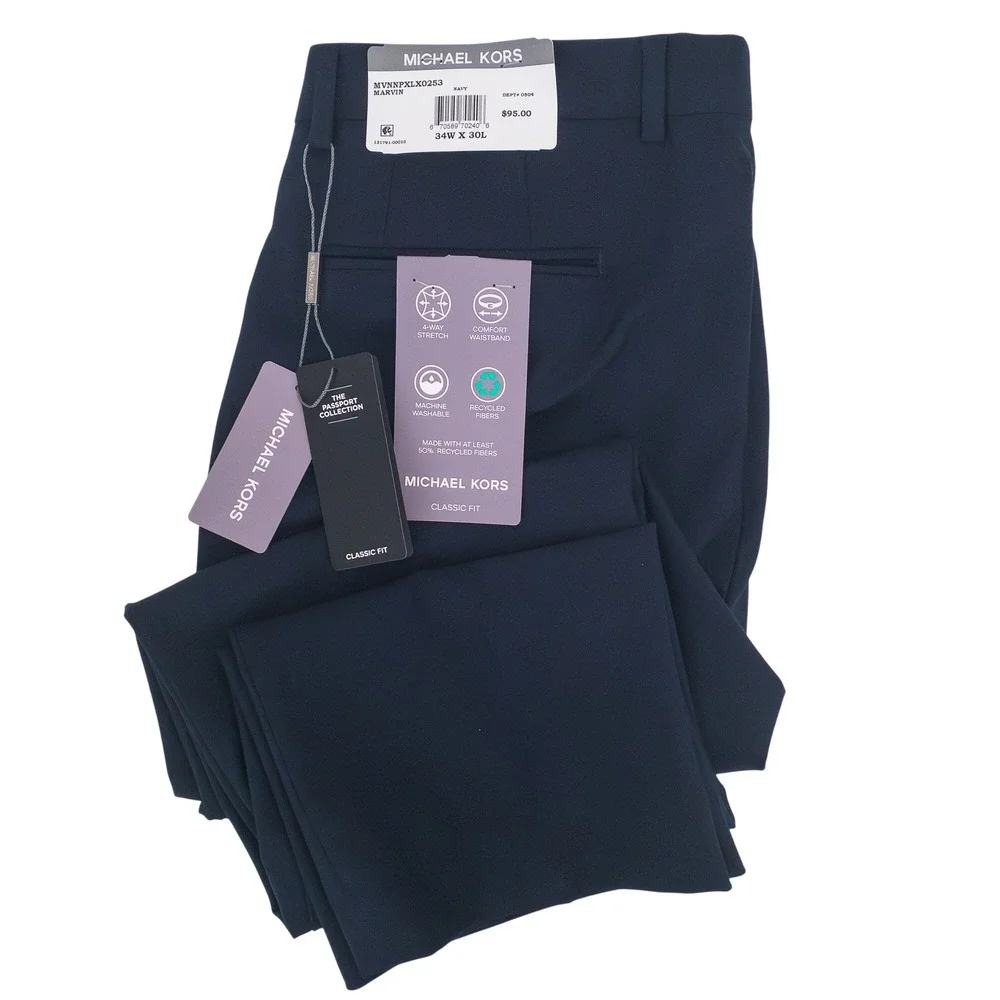 Michael Kors Newbury Pants Mens 34x30 Navy Stretch Dress Slacks Recycled Poly